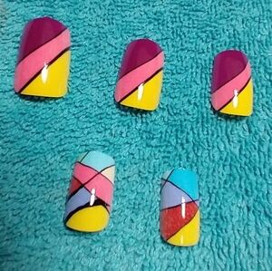 Press on nails lines colorful purple yellow pink  blue white set